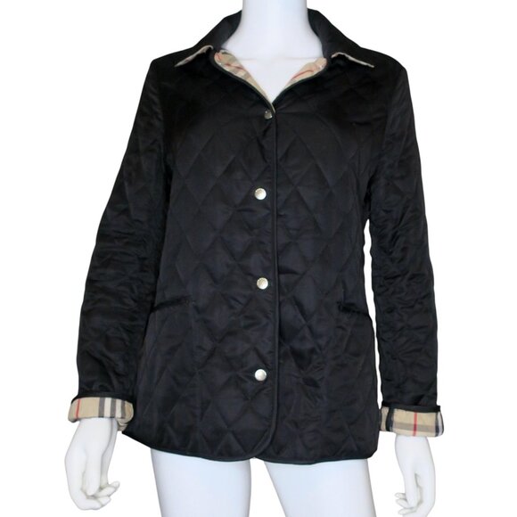 Burberry London Black Quilted Snap Jacket Coat Nova Check Lined Women's Medium - Picture 1 of 8